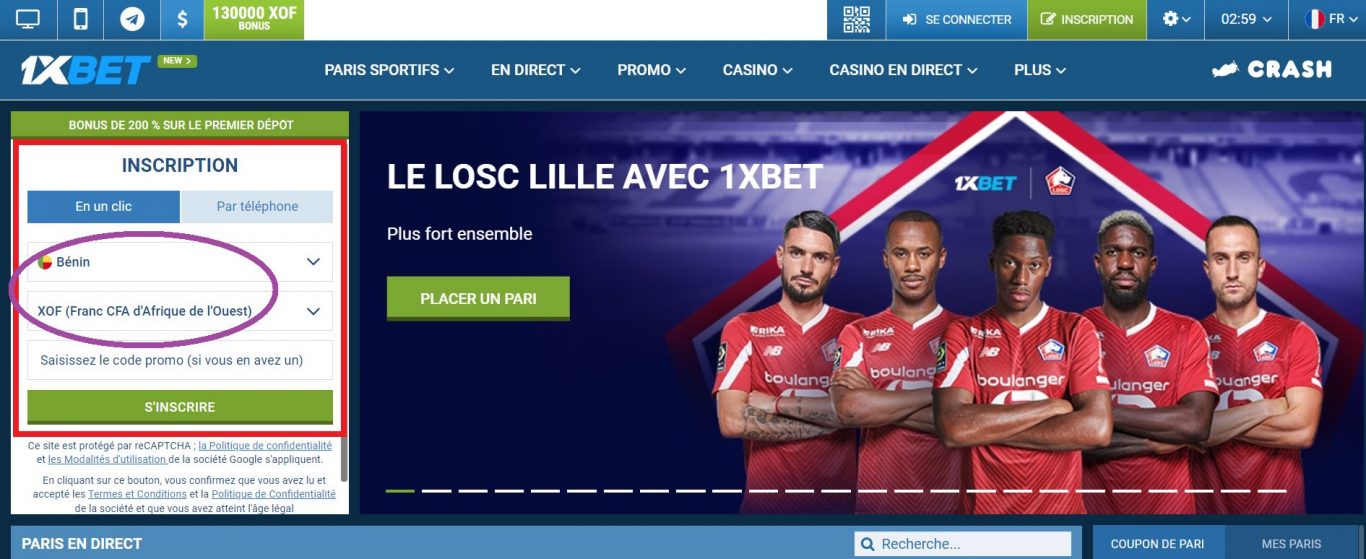 Inscription à 1xBet paris sportifs